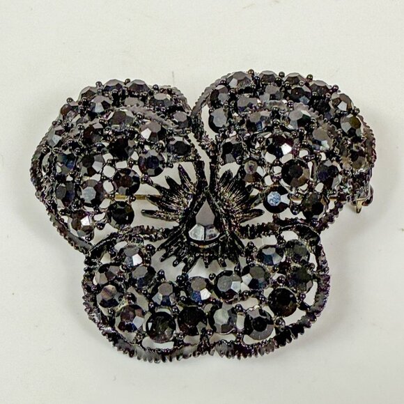 Weiss Black Pansy Rhinestone Brooch Clip-On Earrings Vintage Jewelry Set - Picture 6 of 7